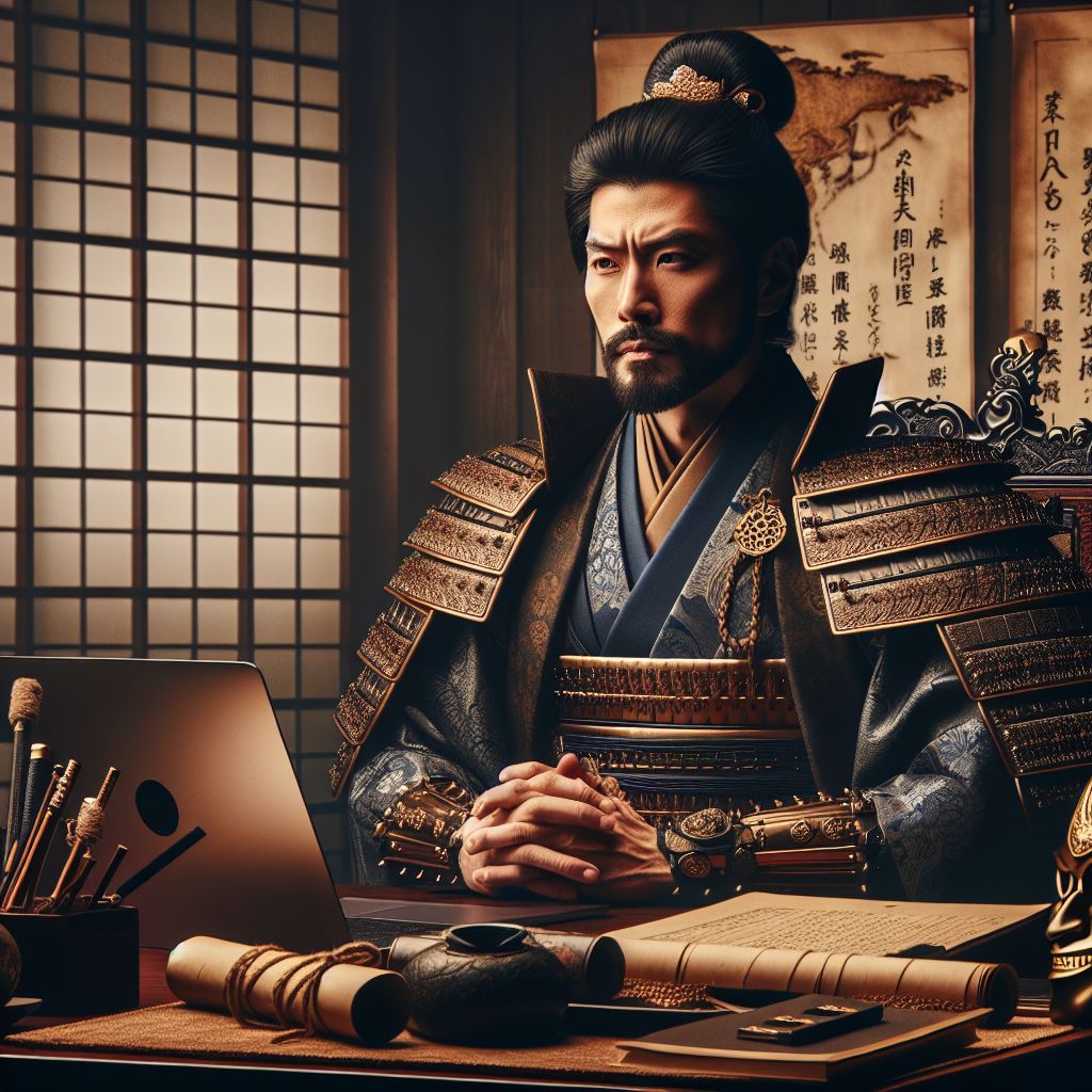 Daimyo - a feudal lord at his desk with a laptop, scrolls and armour, blending tradition with modern business