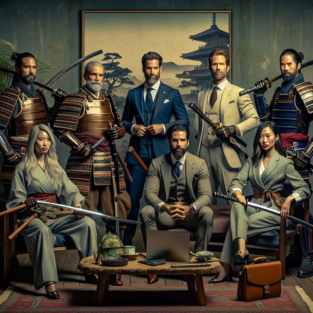 Samurai - a group in a mix of traditional armour and modern business attire, representing the consultants