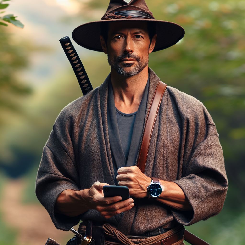 Ronin - a masterless samurai travelling alone, checking his phone